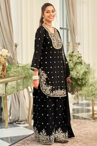 black embroidered chinon palazzo suit for girls