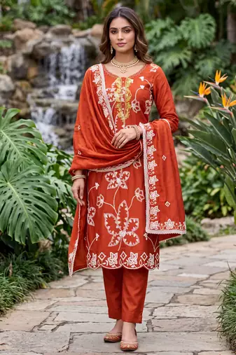 rust embroidered salwar kameez for graceful ethnic looks