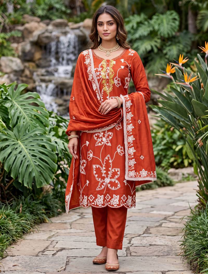 rust embroidered salwar kameez for graceful ethnic looks