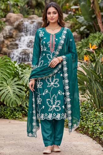 teal embroidered salwar kameez for graceful ethnic looks
