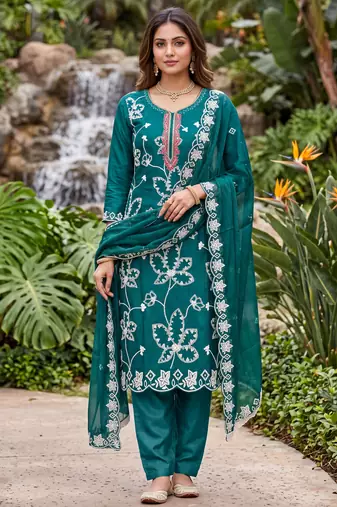 teal embroidered salwar kameez for graceful ethnic looks