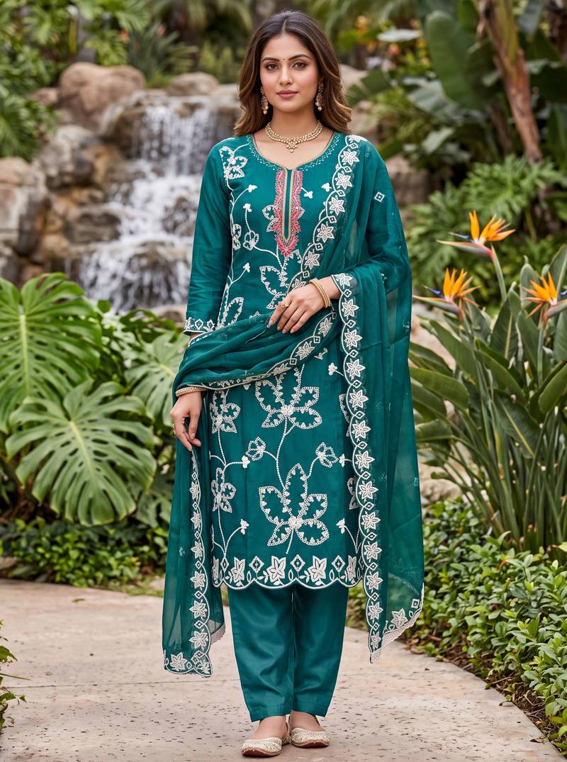 teal embroidered salwar kameez for graceful ethnic looks