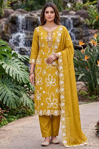 yellow embroidered salwar kameez for graceful ethnic looks
