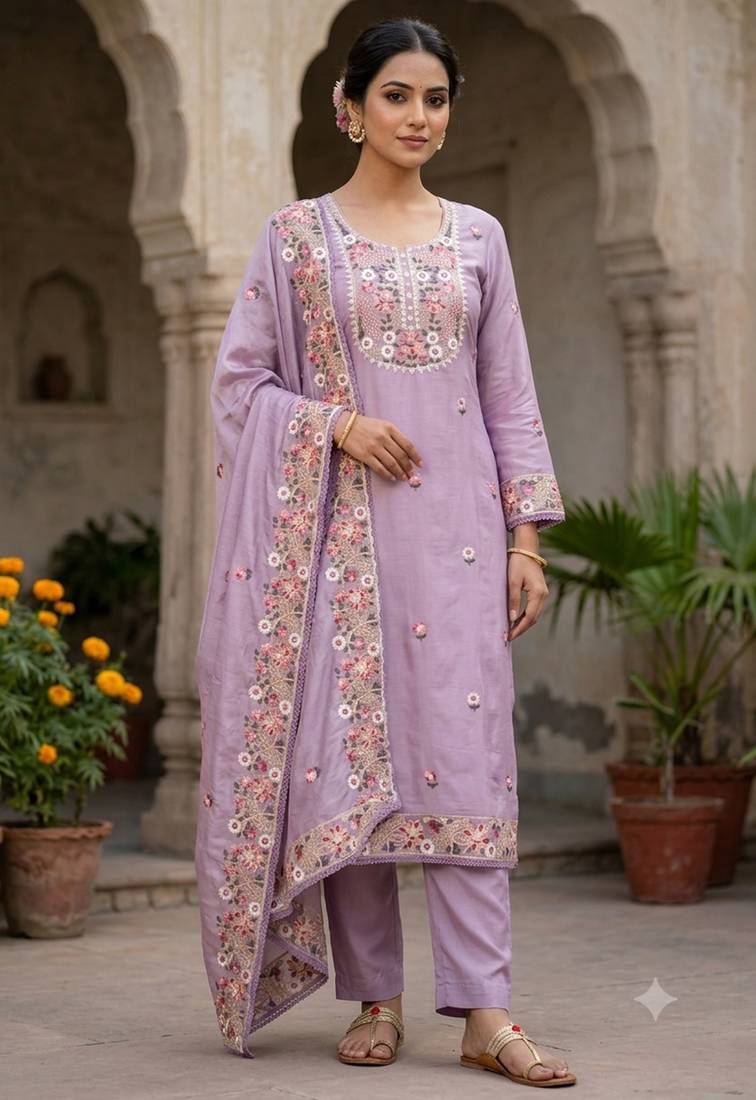 purple embroidered salwar kameez for graceful ethnic looks