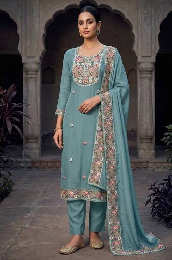 blue embroidered salwar kameez for graceful ethnic looks