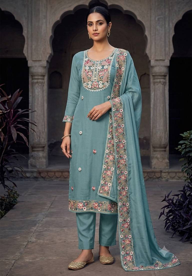 blue embroidered salwar kameez for graceful ethnic looks