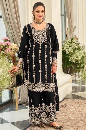 black heavy chinon designer embroidered palazzo dress