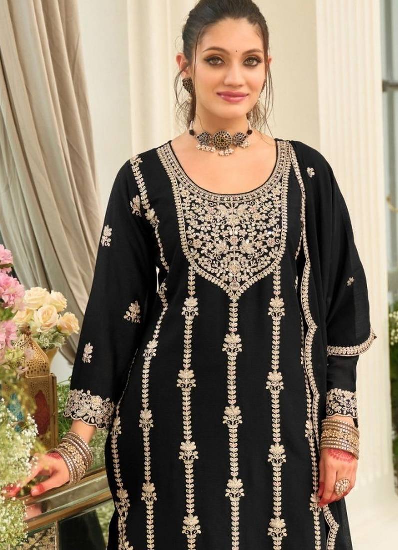 black heavy chinon designer embroidered palazzo dress