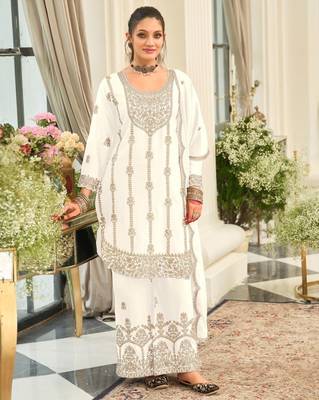 white heavy chinon designer embroidered palazzo dress 1