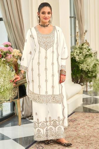 white heavy chinon designer embroidered palazzo dress