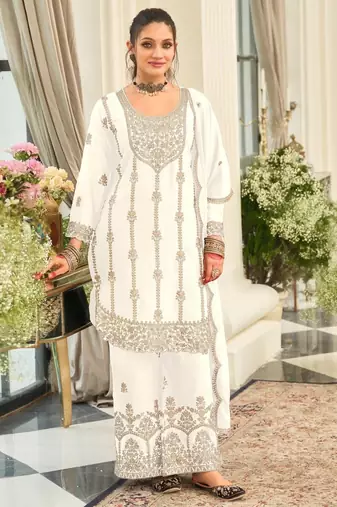 white heavy chinon designer embroidered palazzo dress