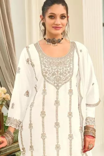 white heavy chinon designer embroidered palazzo dress