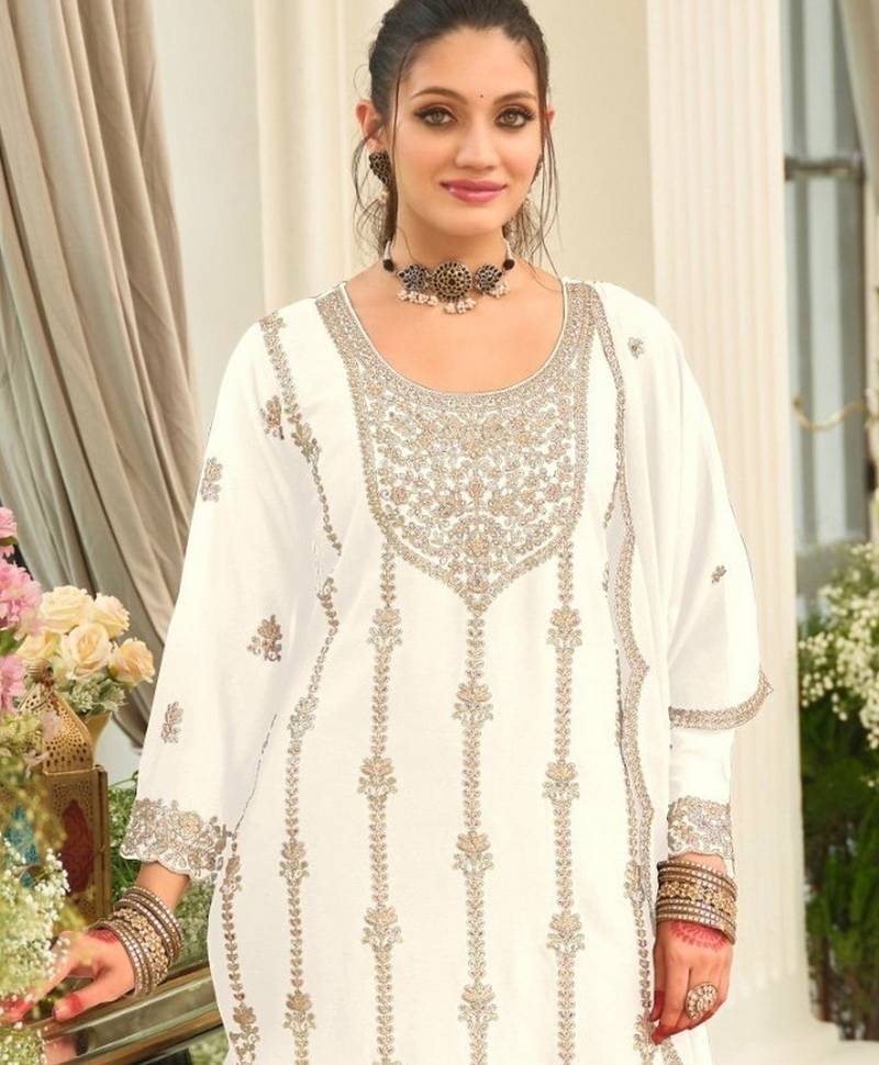 white heavy chinon designer embroidered palazzo dress