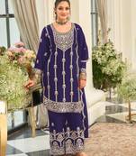 blue heavy chinon designer embroidered palazzo dress