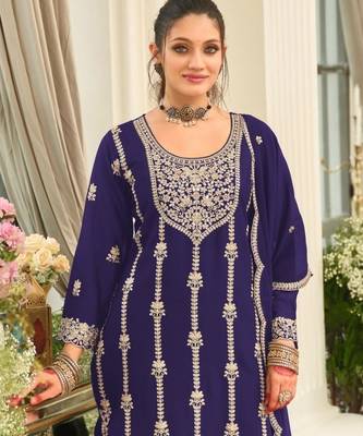 blue heavy chinon designer embroidered palazzo dress 2