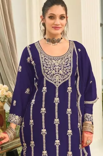 blue heavy chinon designer embroidered palazzo dress