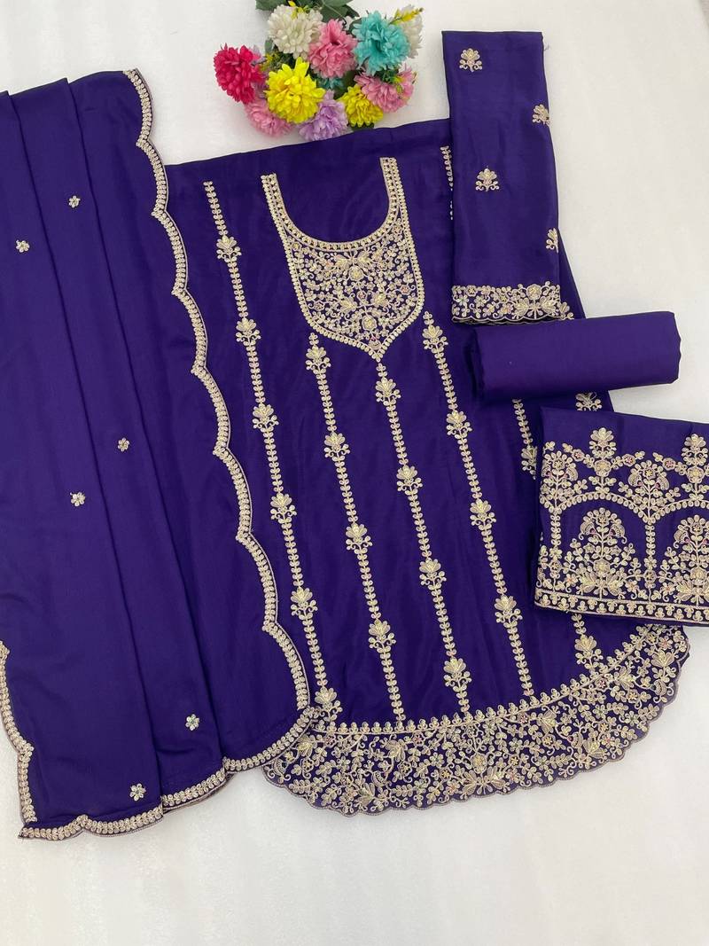 blue heavy chinon designer embroidered palazzo dress