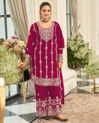 pink heavy chinon designer embroidered palazzo dress 1