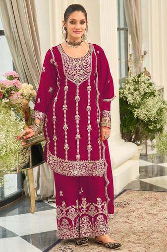 pink heavy chinon designer embroidered palazzo dress