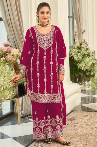 pink heavy chinon designer embroidered palazzo dress