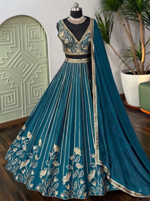 DESIGNER TEAL-GREEN CHINON SILK LEHENGA CHOLI FOR WEDDING  2