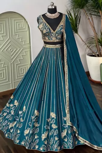 DESIGNER TEAL-GREEN CHINON SILK LEHENGA CHOLI FOR WEDDING 