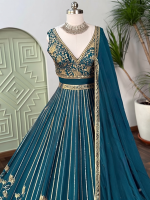 DESIGNER TEAL-GREEN CHINON SILK LEHENGA CHOLI FOR WEDDING  3