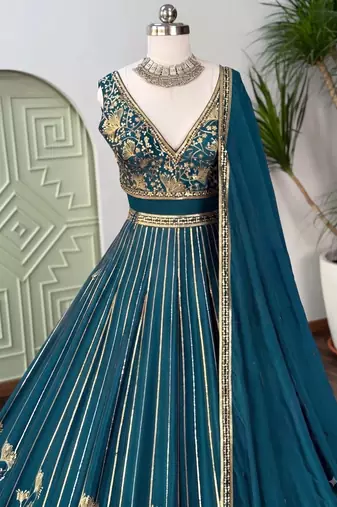 DESIGNER TEAL-GREEN CHINON SILK LEHENGA CHOLI FOR WEDDING 