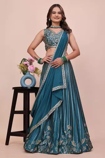 DESIGNER TEAL-GREEN CHINON SILK LEHENGA CHOLI FOR WEDDING 