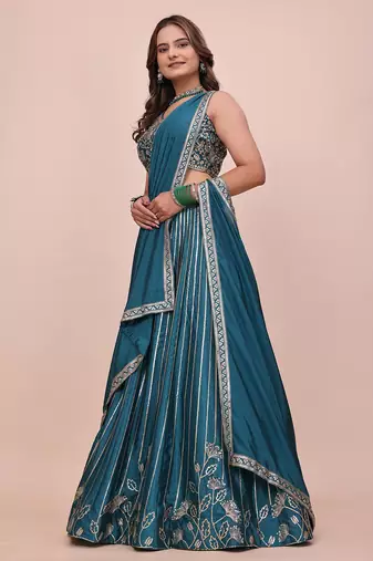 DESIGNER TEAL-GREEN CHINON SILK LEHENGA CHOLI FOR WEDDING 