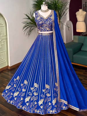 ROYAL-BLUE GEORGETTE EMBROIDERED PREMIUM LEHENGA CHOLI 1