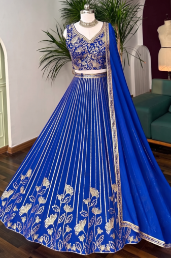 ROYAL-BLUE GEORGETTE EMBROIDERED PREMIUM LEHENGA CHOLI