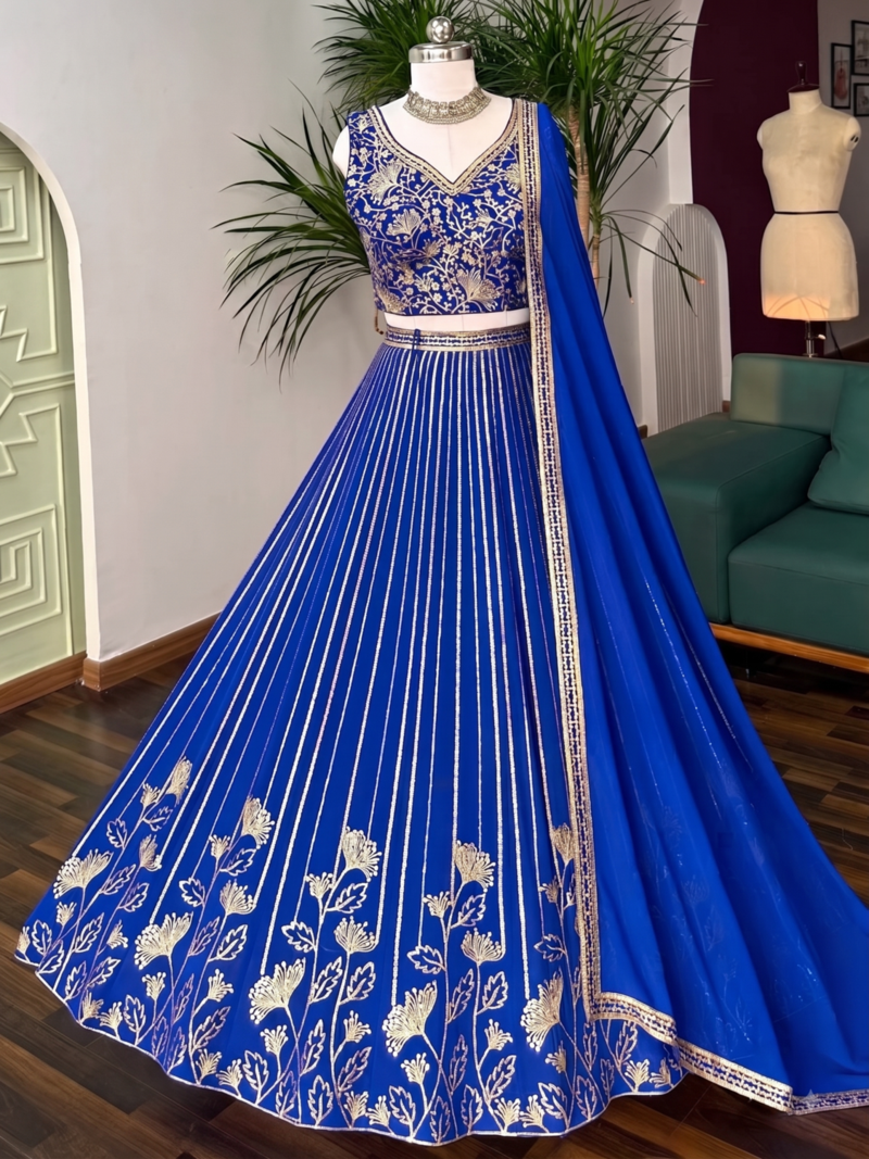 ROYAL-BLUE GEORGETTE EMBROIDERED PREMIUM LEHENGA CHOLI