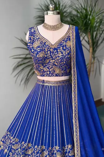 ROYAL-BLUE GEORGETTE EMBROIDERED PREMIUM LEHENGA CHOLI