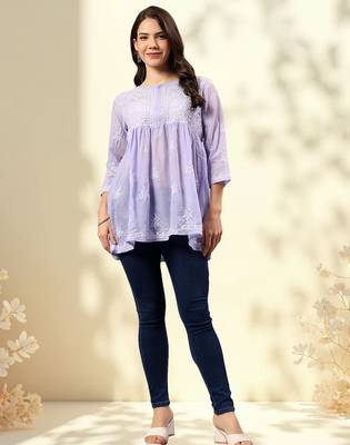 Seva chikan hand embroidered mauve terivoil lucknowi chikan top scl9244 1
