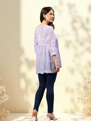 Seva chikan hand embroidered mauve terivoil lucknowi chikan top scl9244 2