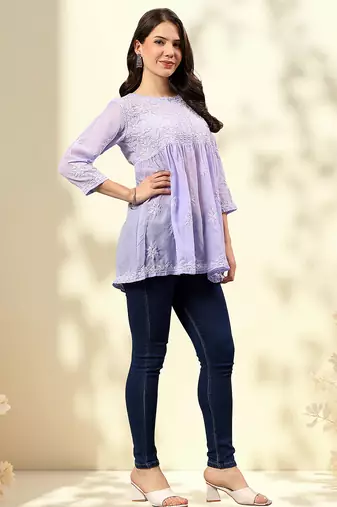 Seva chikan hand embroidered mauve terivoil lucknowi chikan top scl9244