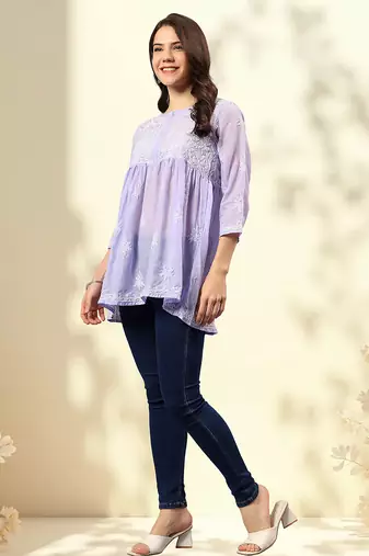 Seva chikan hand embroidered mauve terivoil lucknowi chikan top scl9244