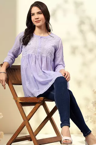 Seva chikan hand embroidered mauve terivoil lucknowi chikan top scl9244