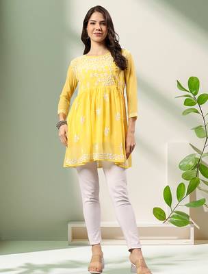Seva chikan hand embroidered yellow georgette lucknowi chikan top with slip scl9246 1