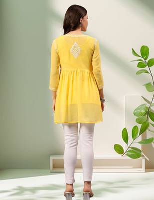 Seva chikan hand embroidered yellow georgette lucknowi chikan top with slip scl9246 2