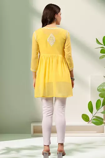 Seva chikan hand embroidered yellow georgette lucknowi chikan top with slip scl9246