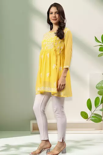 Seva chikan hand embroidered yellow georgette lucknowi chikan top with slip scl9246
