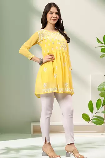 Seva chikan hand embroidered yellow georgette lucknowi chikan top with slip scl9246