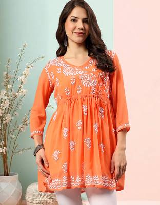 Seva chikan hand embroidered orange georgette lucknowi chikan top with slip scl9247 1