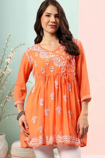 Seva chikan hand embroidered orange georgette lucknowi chikan top with slip scl9247