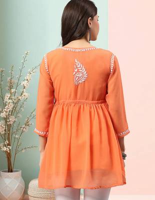 Seva chikan hand embroidered orange georgette lucknowi chikan top with slip scl9247 2