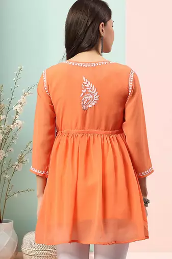 Seva chikan hand embroidered orange georgette lucknowi chikan top with slip scl9247