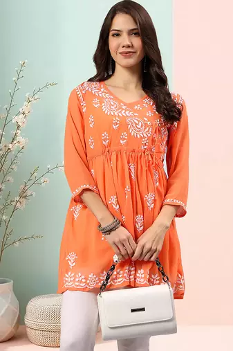 Seva chikan hand embroidered orange georgette lucknowi chikan top with slip scl9247