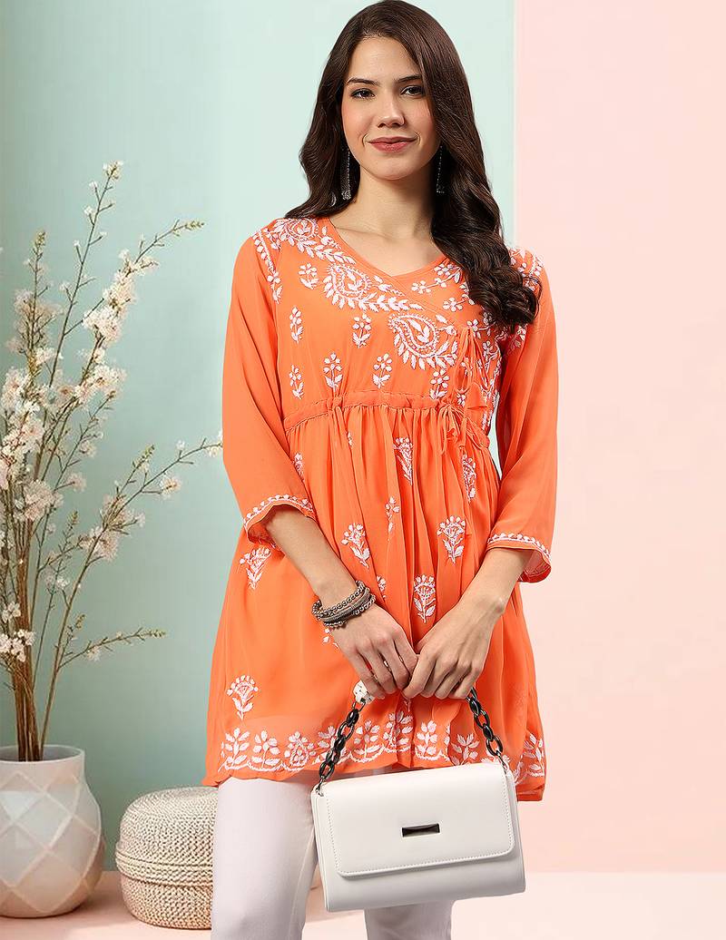Seva chikan hand embroidered orange georgette lucknowi chikan top with slip scl9247